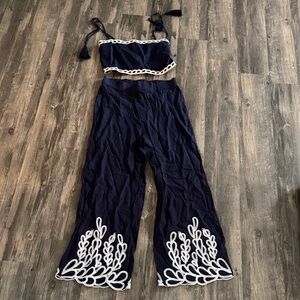 Christian Lacroix Navy Wide-Leg Embroidered Pants with Matching Crop Top